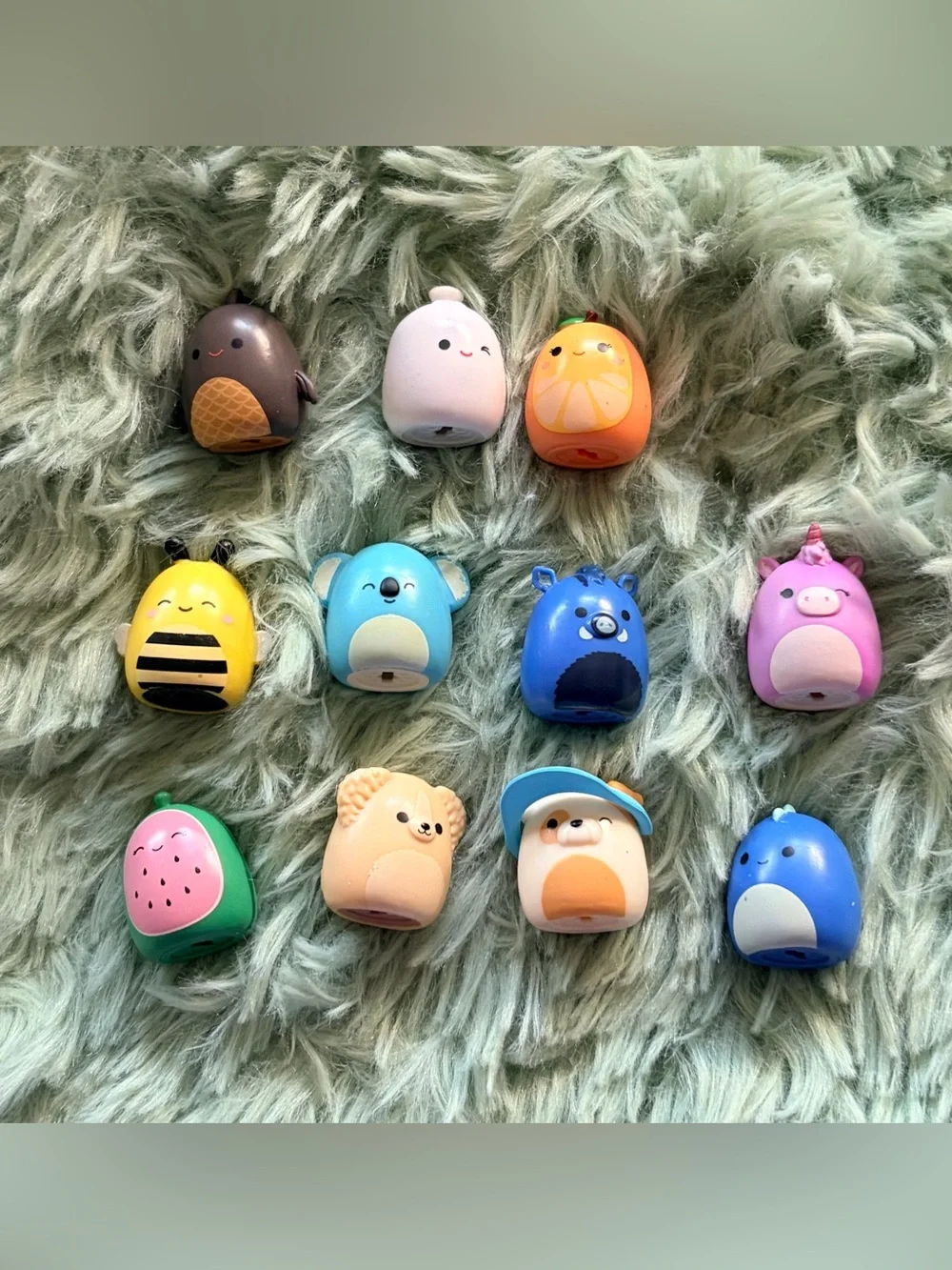 Lot of 11 small 1” collectible Squishmallows squish-a-longs & blue sun visor